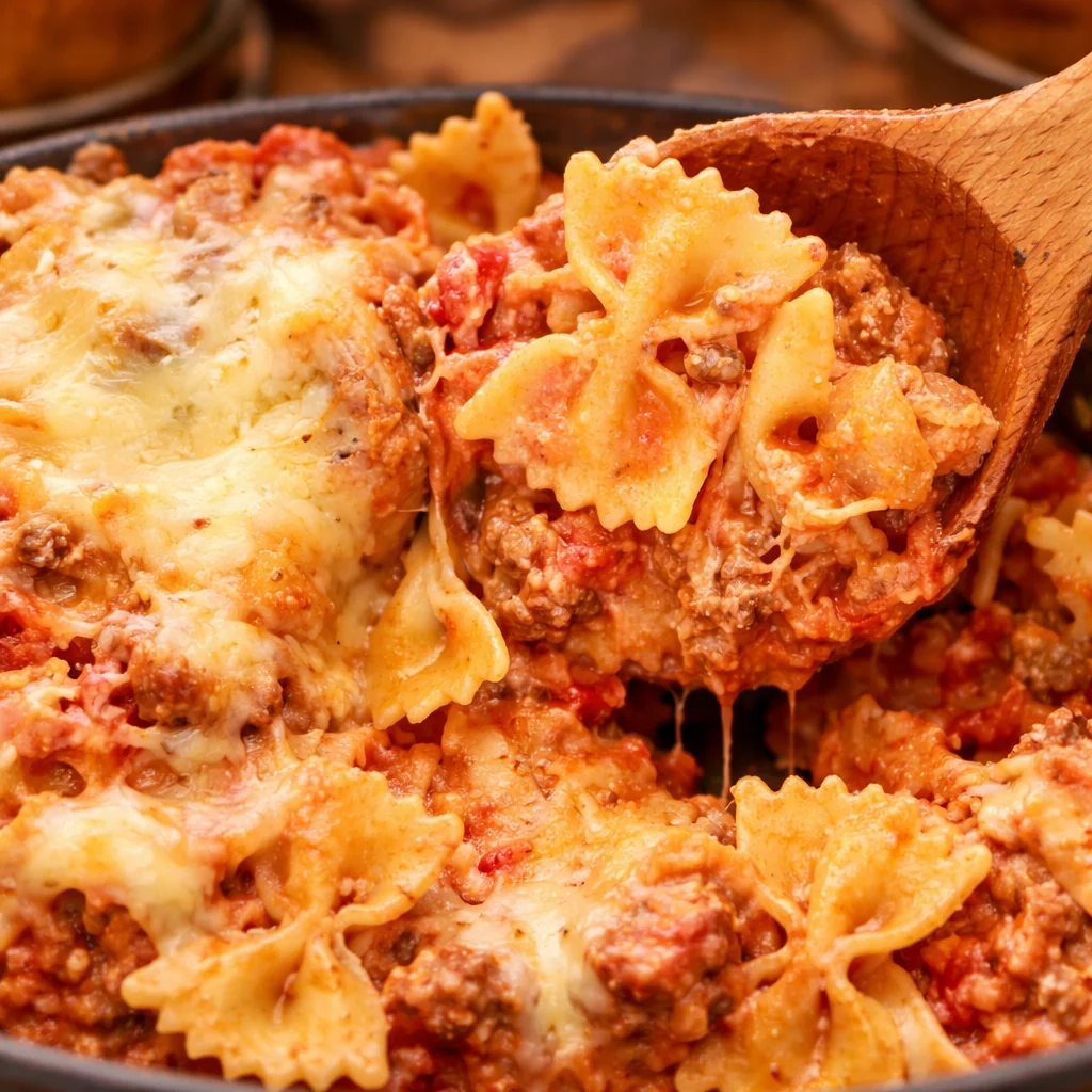 Easy Bowtie Pasta Lasagna with creamy cheese and savory beef in a delicious bake.