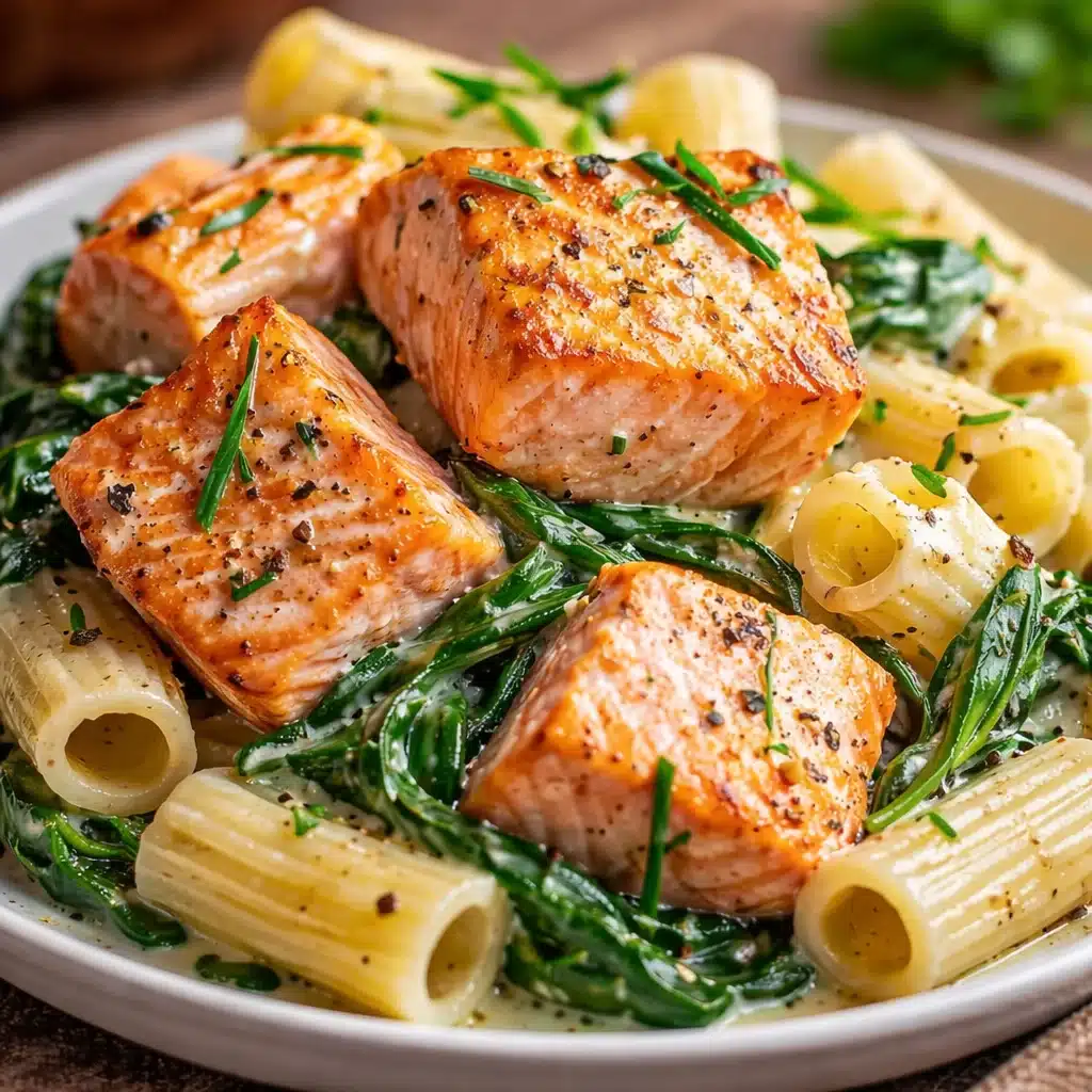 Creamy Salmon Spinach Pasta with penne, fresh spinach, and tender salmon fillets.