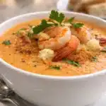 Delicious bowl of crab and shrimp seafood bisque garnished with herbs.