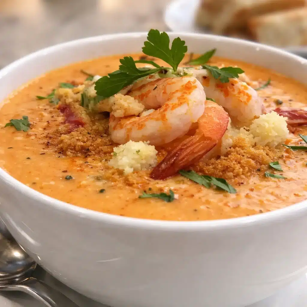 Delicious bowl of crab and shrimp seafood bisque garnished with herbs.