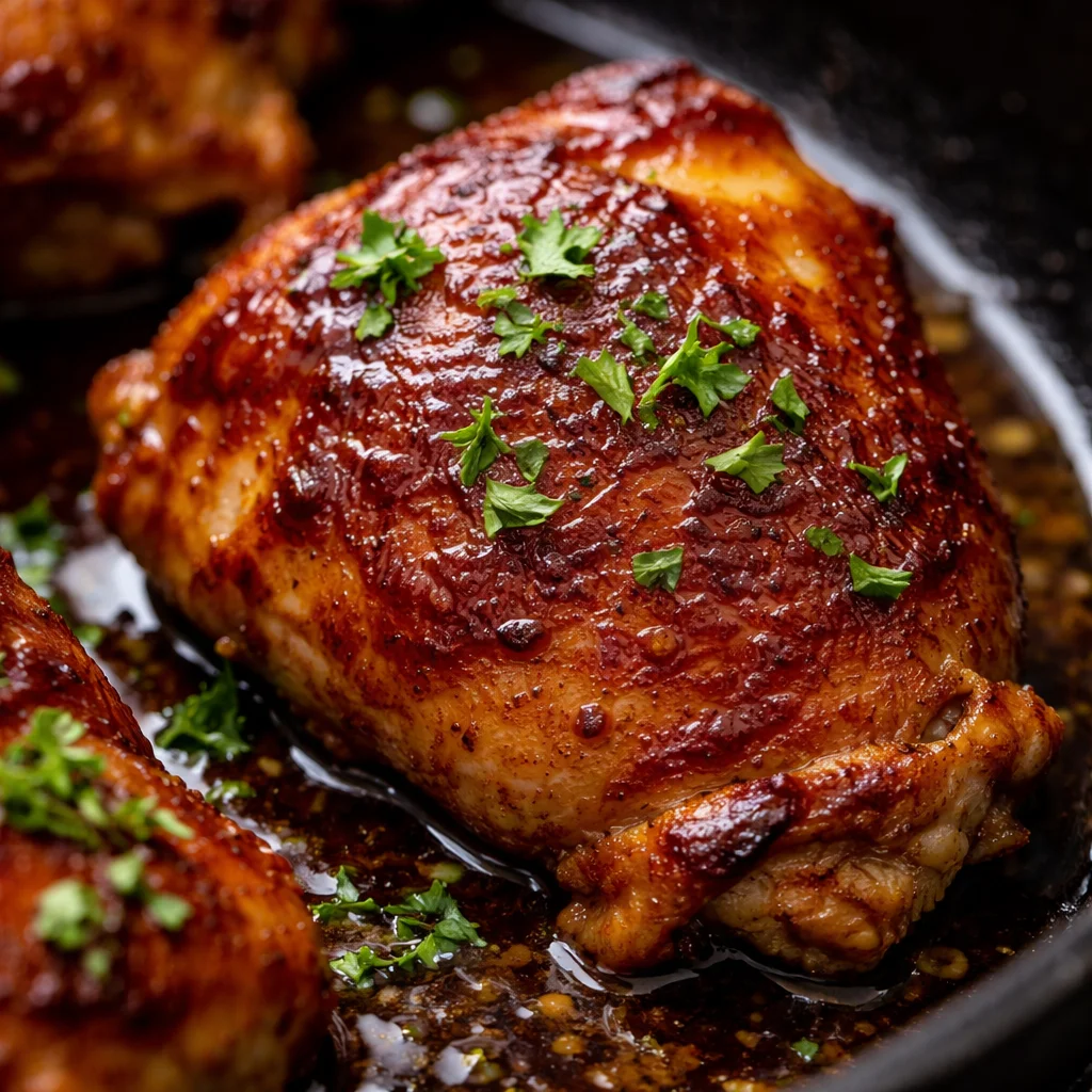Delicious Honey Garlic Lemon Pepper Chicken thighs seared for a perfect dinner.