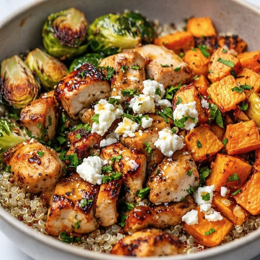 A delicious Hot Honey Chicken Bowl with sweet potatoes and vibrant toppings.