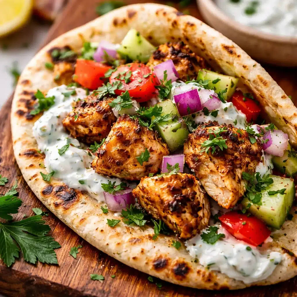 Mediterranean Chicken Tacos with grilled chicken, fresh veggies, and tzatziki sauce.