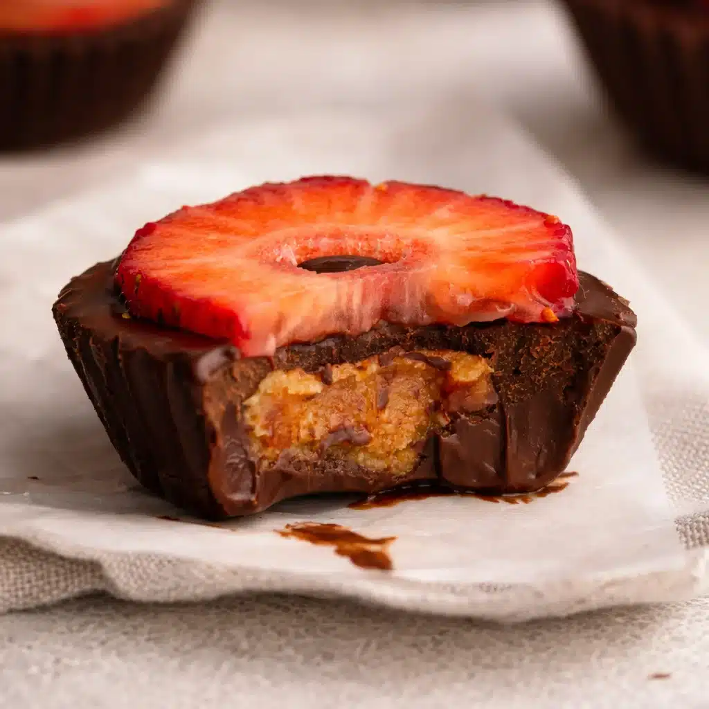 Delicious homemade Strawberry Peanut Butter Cups with creamy filling in chocolate.
