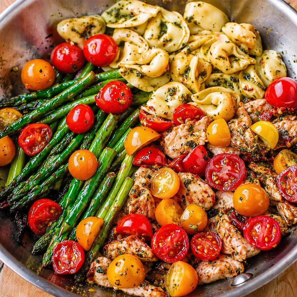 One-Pan Pesto Chicken with Tortellini, Asparagus, and Tomatoes served in a skillet
