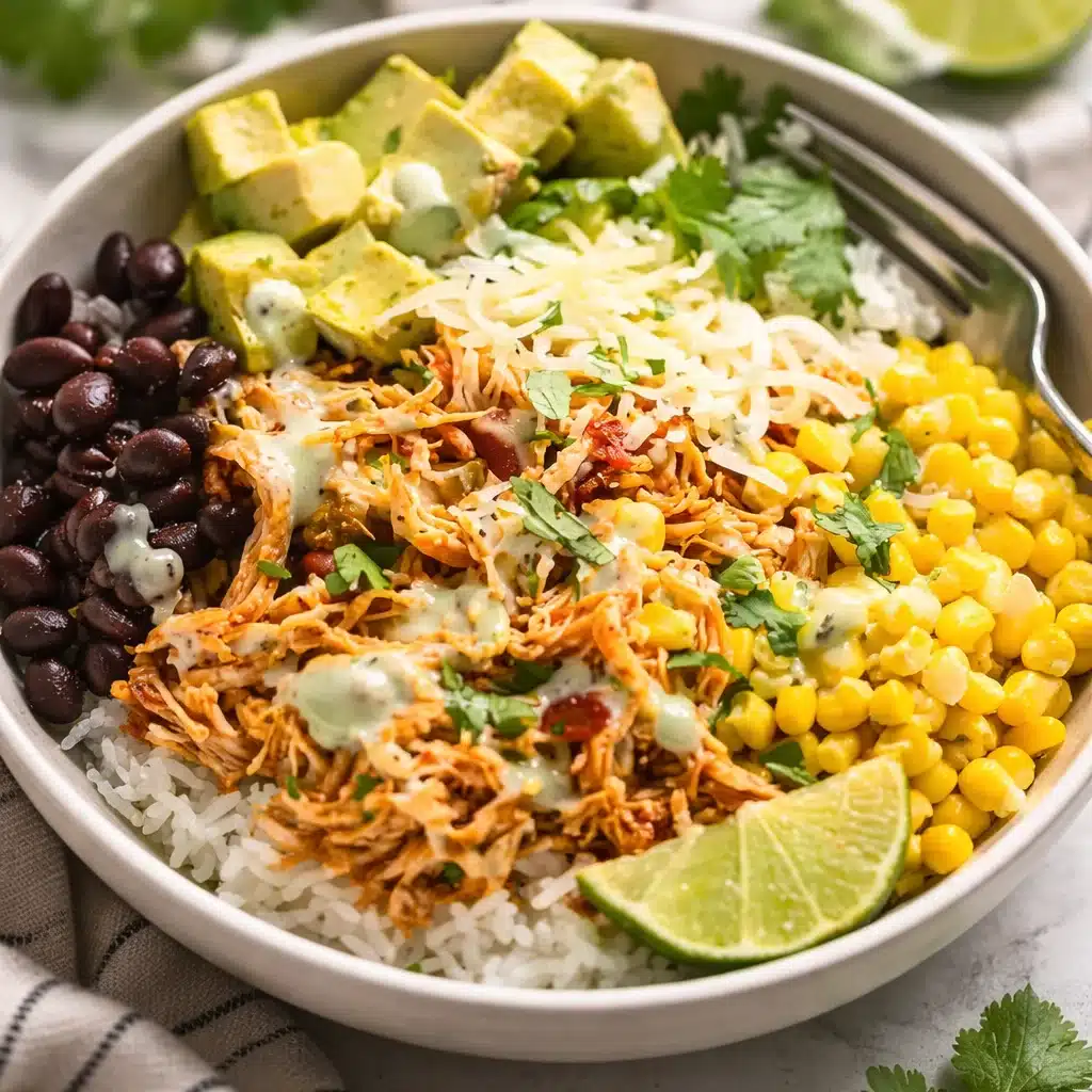 Delicious Chicken Burrito Bowl with seasoned chicken, black beans, and cilantro lime rice.
