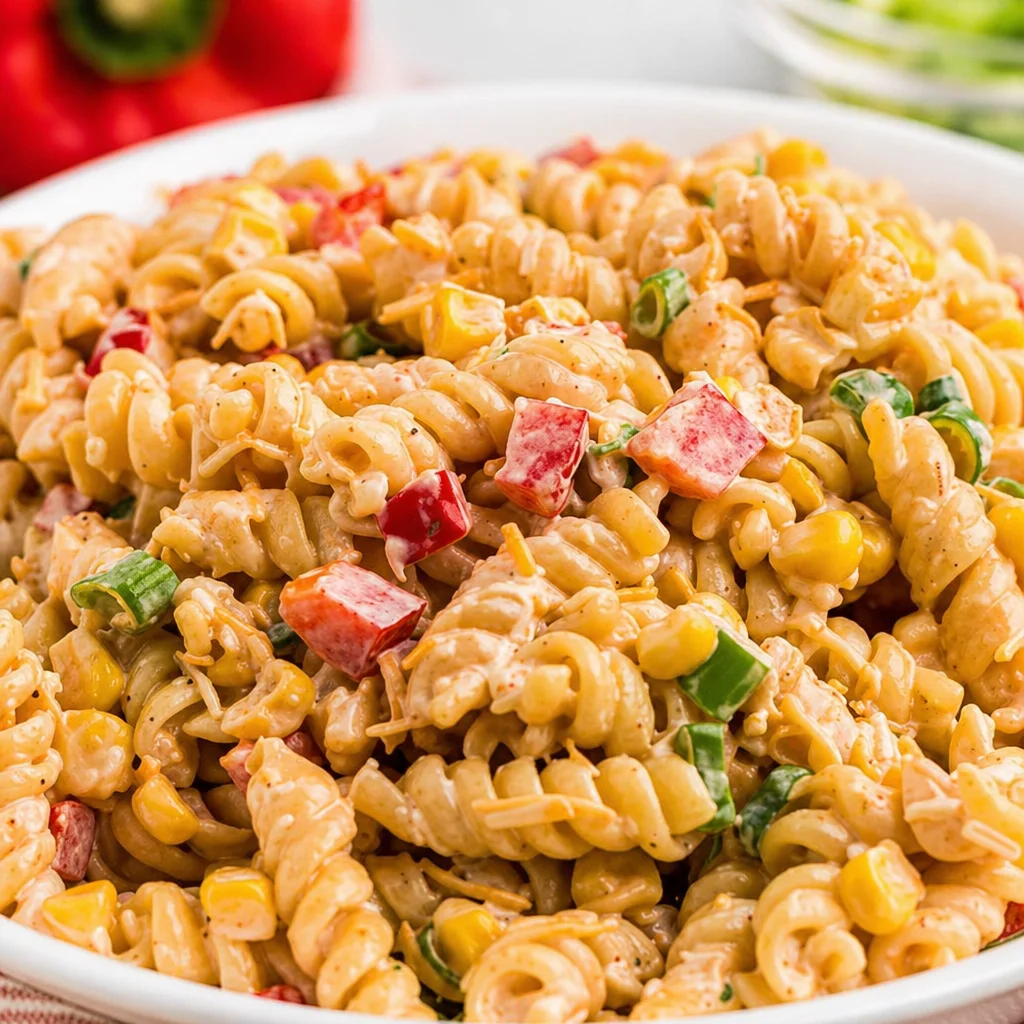Colorful Taco Pasta Salad with ground beef, tomatoes, cheese, and creamy dressing.