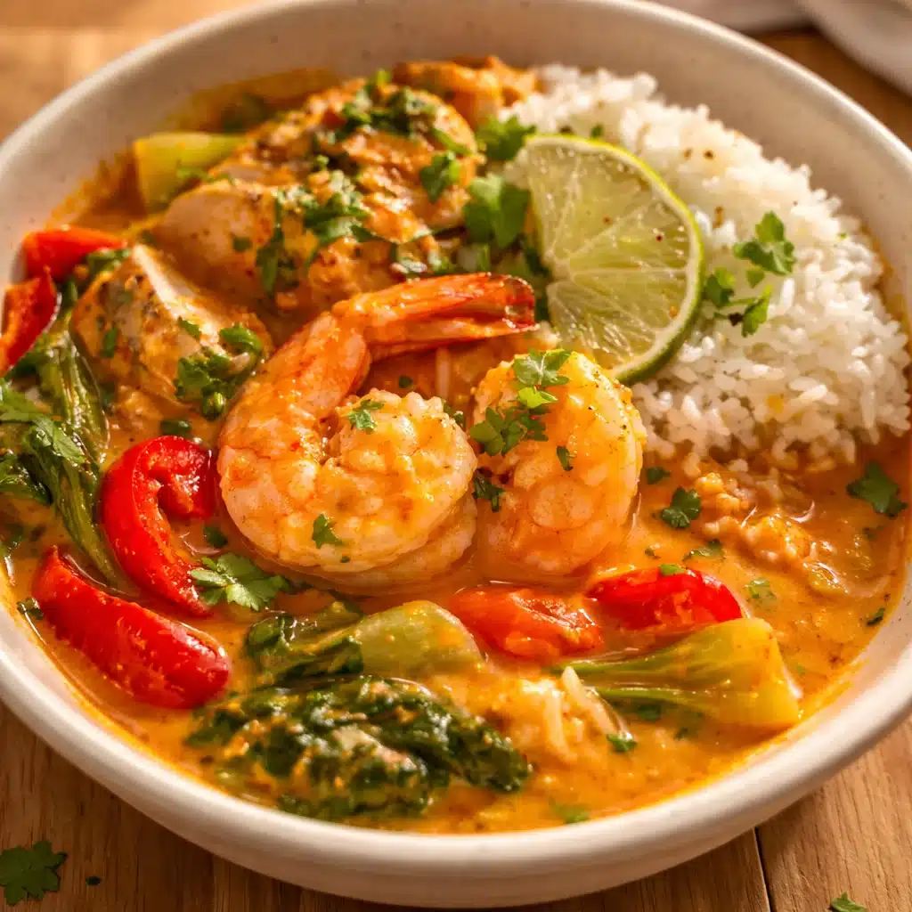 Delicious easy Thai red curry with chicken and vegetables in a bowl