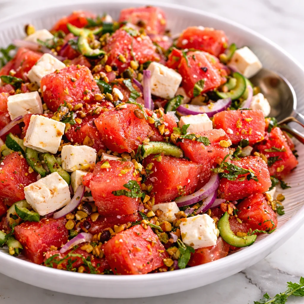 Watermelon Feta Salad with cucumber, mint, and feta cheese served in a bowl.