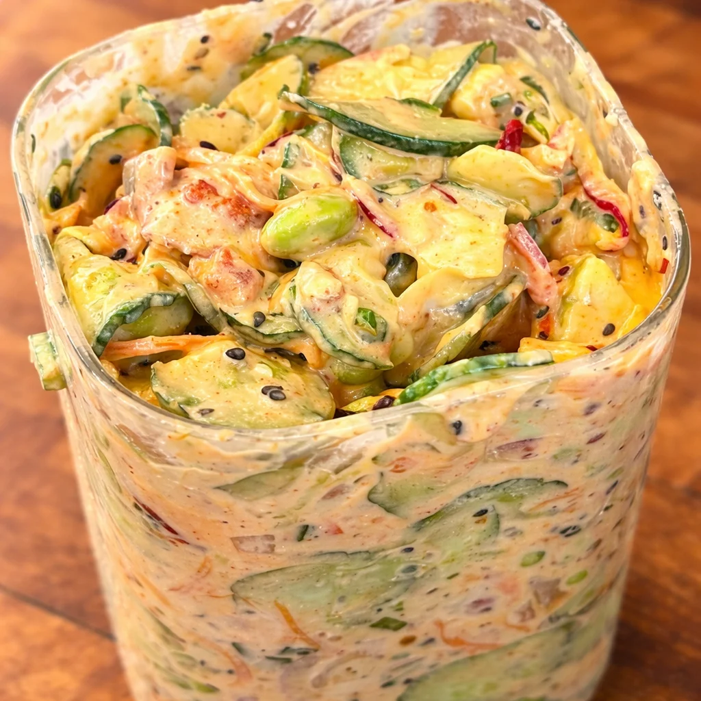 Vegan Asian Cucumber Salad with rice vinegar, sesame, ginger, and chili crunch dressing