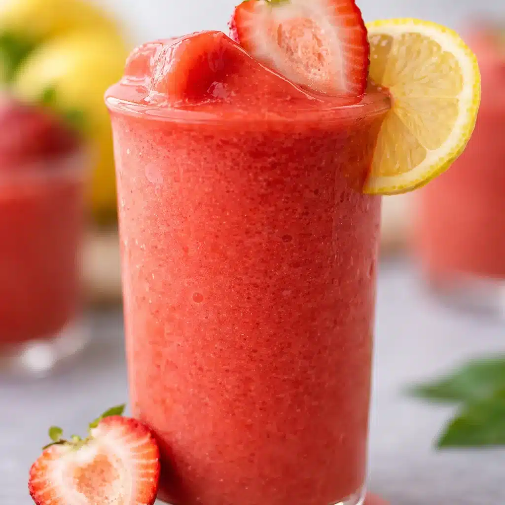 Delicious Frozen Strawberry Lemonade garnished with a lemon wedge and fresh strawberries