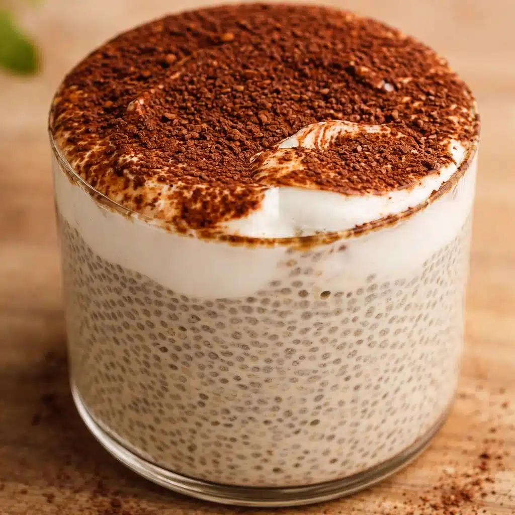 Delicious Tiramisu Chia Pudding with creamy layers and cocoa powder topping.