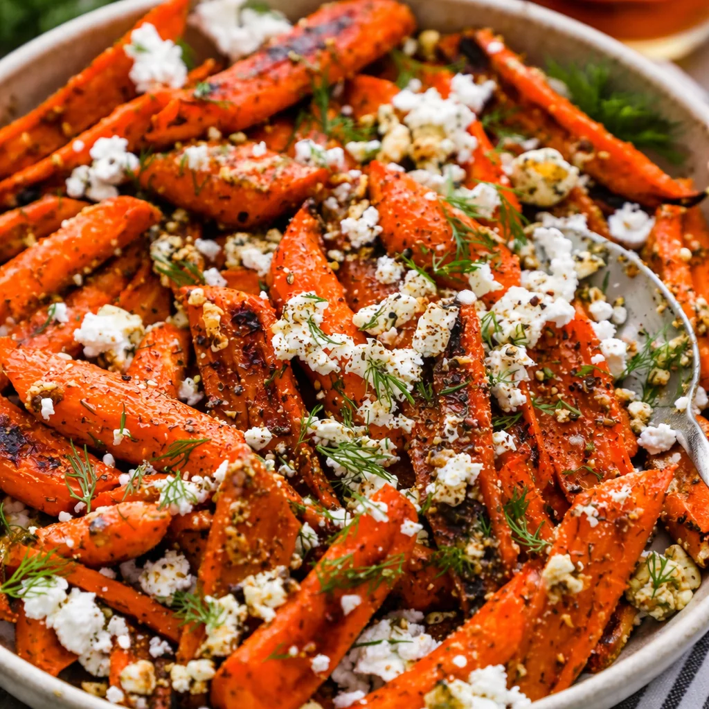 Honey roasted carrots glazed with honey, olive oil, and herbs, caramelized to perfection.