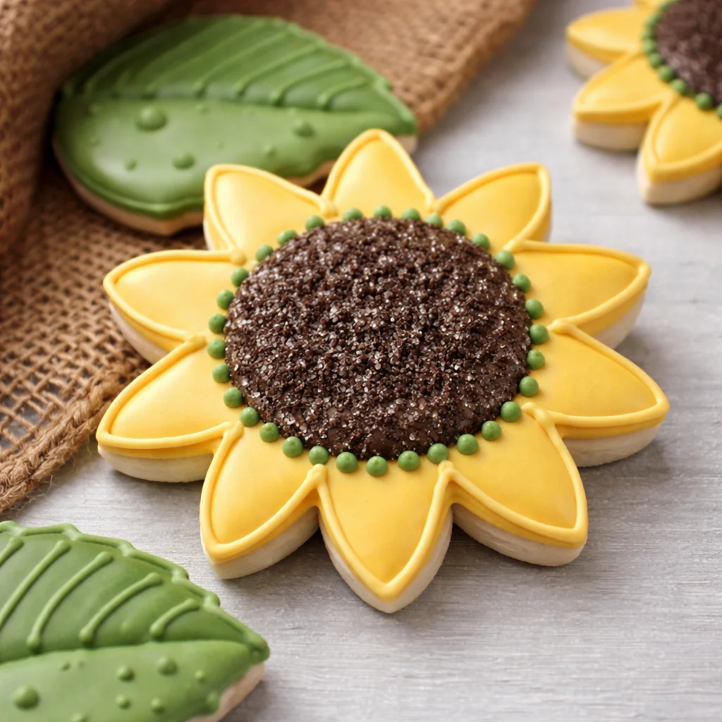 Delicious Sunflower Cookies decorated with homemade buttercream frosting.