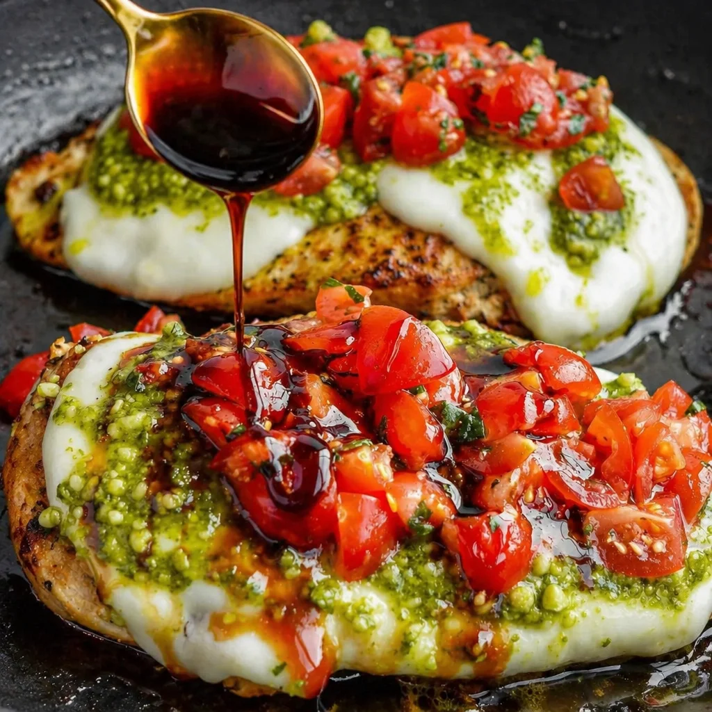 Delicious Pesto Bruschetta Chicken with mozzarella, tomatoes, and basil pesto sauce.