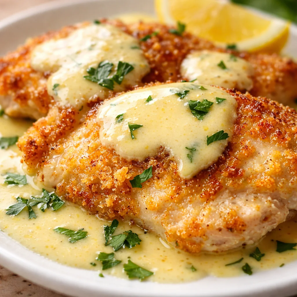 Lemon Pecorino Crusted Chicken with Creamy Lemon Sauce served on a plate