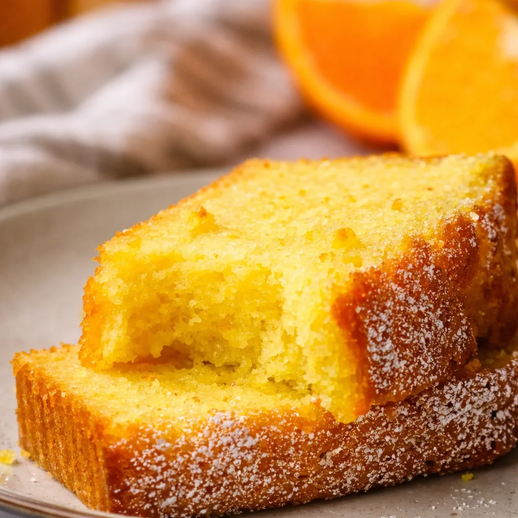 Moist Orange Loaf Cake topped with zesty glaze and fresh orange slices.