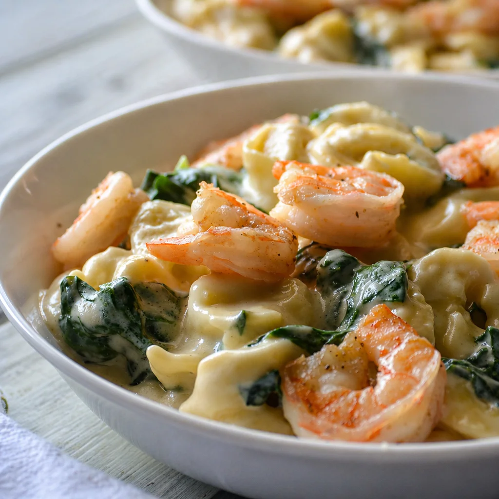 Creamy Shrimp and Spinach Tortellini with a rich sauce and tender shrimp.
