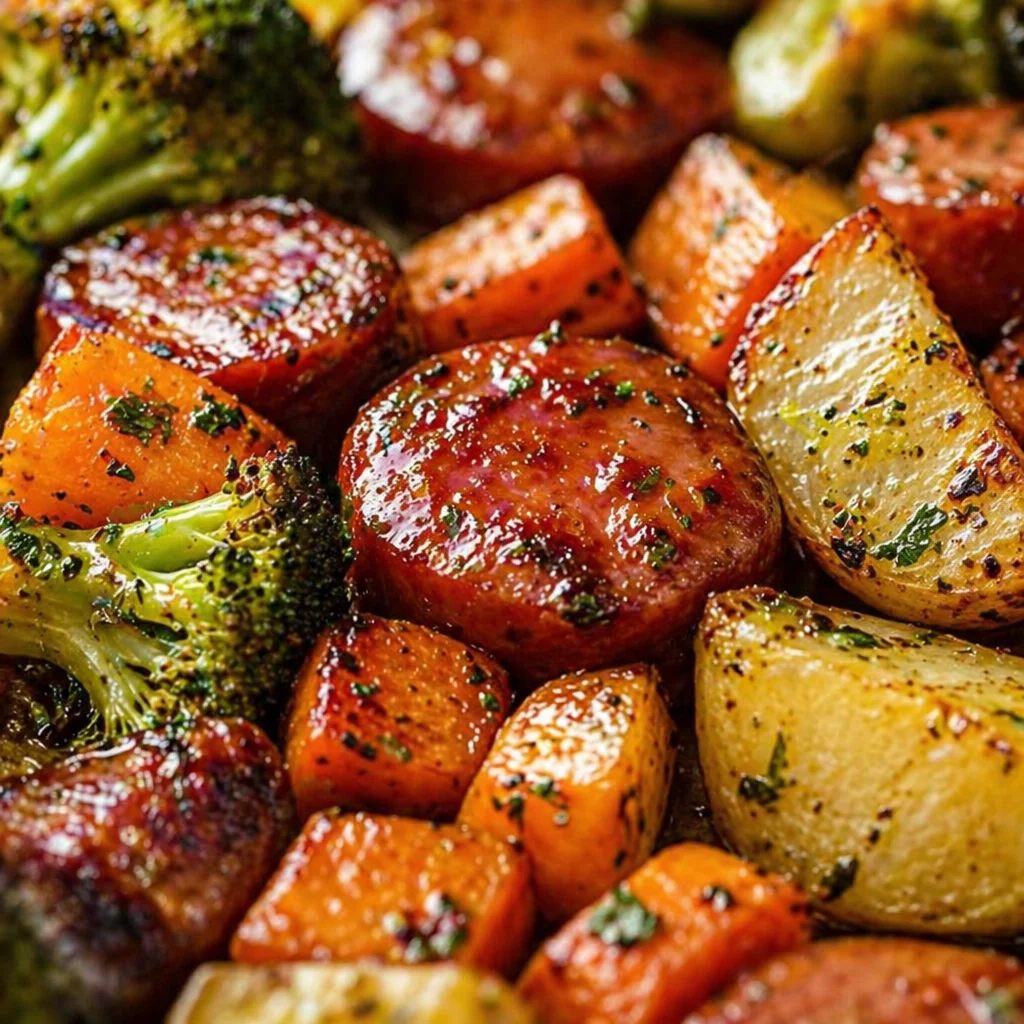One-Pan Honey Garlic Kielbasa and Veggies dinner with vibrant vegetables