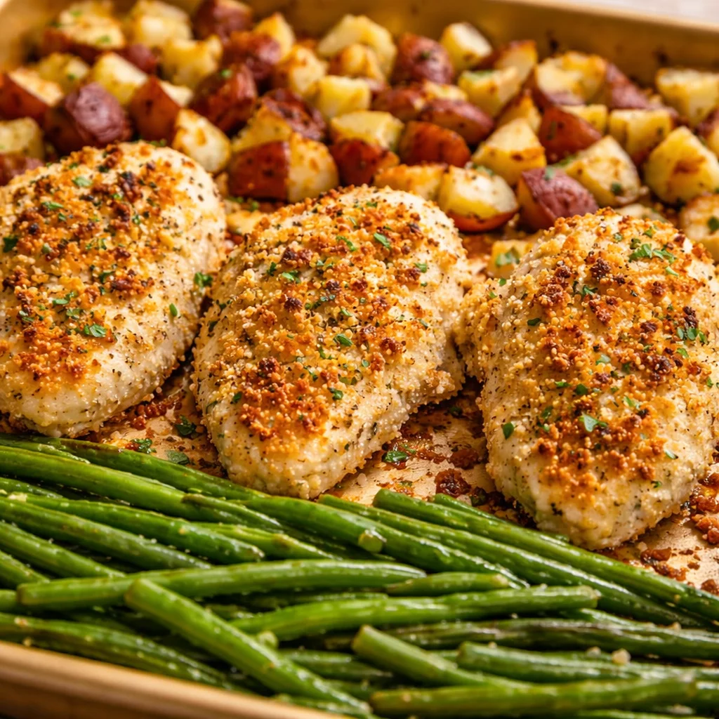 Crispy Parmesan Crusted Chicken Sheet Pan Dinner with roasted potatoes and green beans