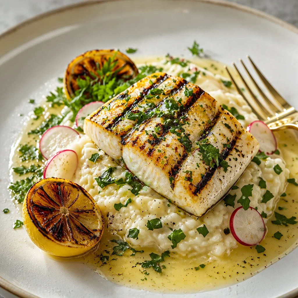 Grilled sea bass with herb butter served on a plate, garnished with herbs.