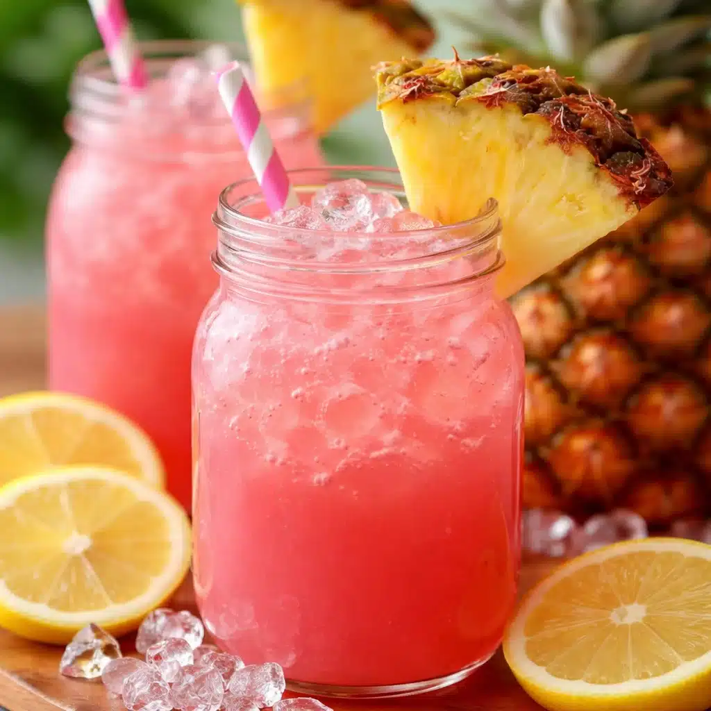 Refreshing Pineapple Pink Lemonade served in a glass with fruit garnishes.
