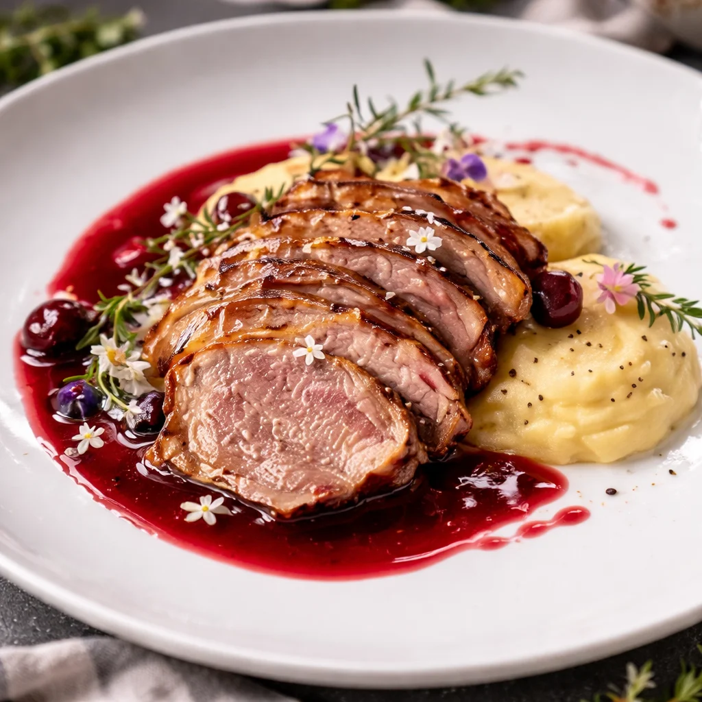 Delicious seared duck breast topped with rich cherry sauce, ideal for gourmet meals.
