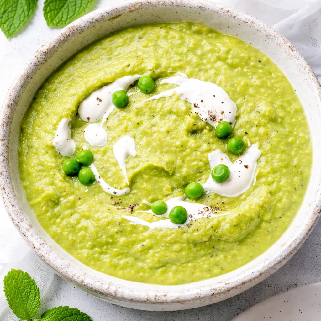 Bowl of vibrant Pea and Mint Soup garnished with fresh mint leaves.
