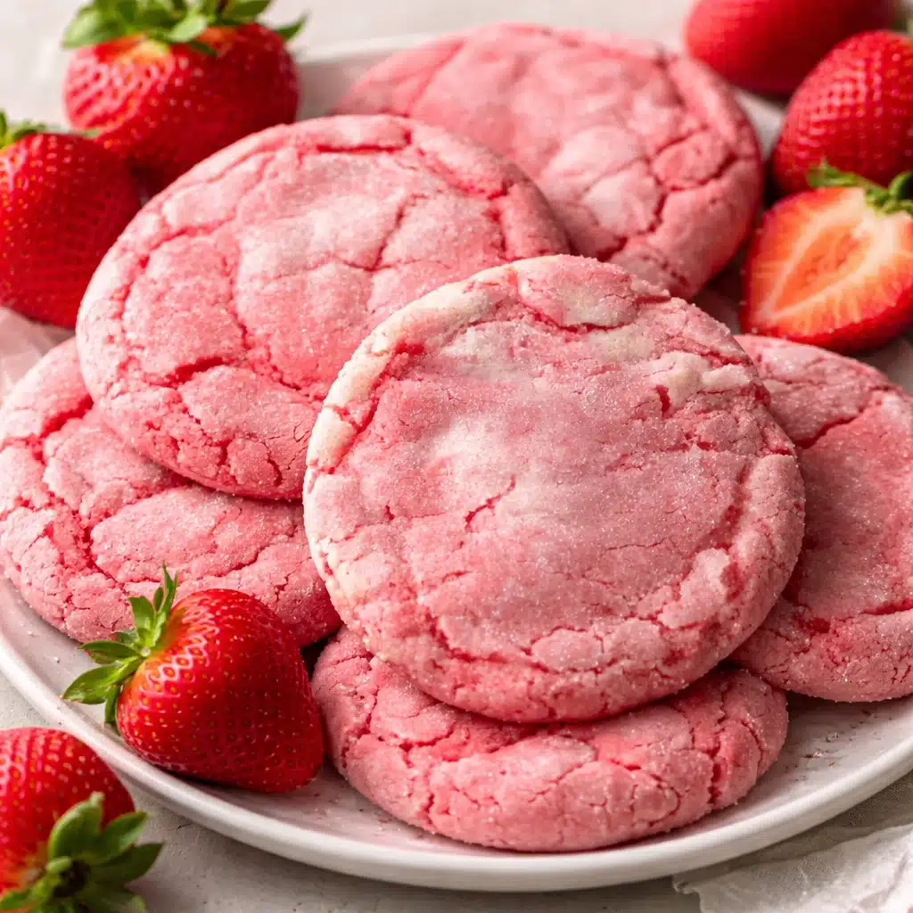 Soft and chewy Strawberry Sugar Cookies with real strawberries and a vibrant pink hue.