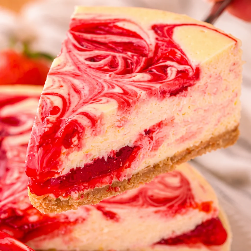 Delicious Strawberry Swirl Cheesecake with creamy filling and homemade strawberry sauce.