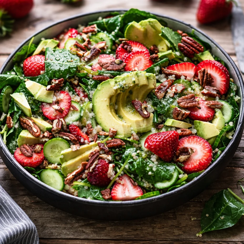 Strawberry Quinoa Salad topped with crunchy pecan brittle and fresh strawberries.