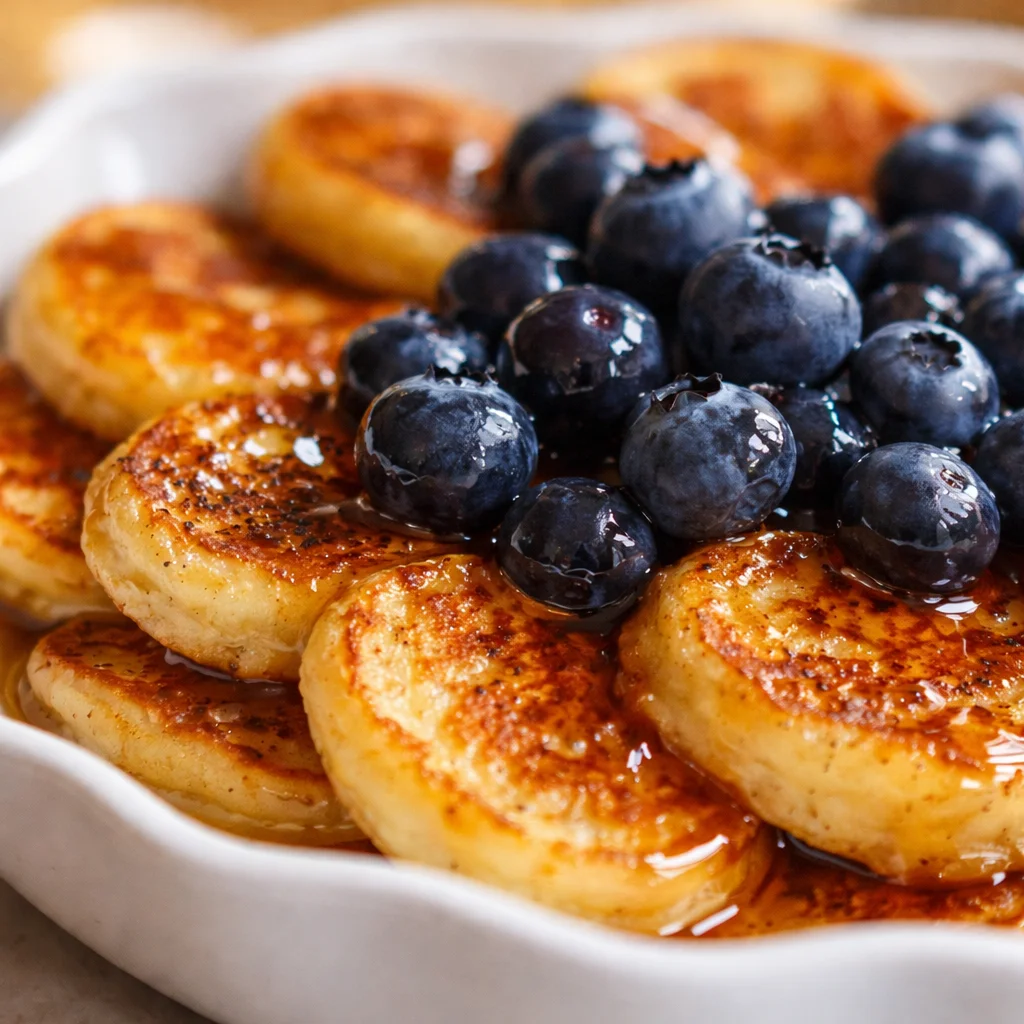 Delicious Blueberry Lemon Mini Pancakes served with maple syrup and fresh blueberries.