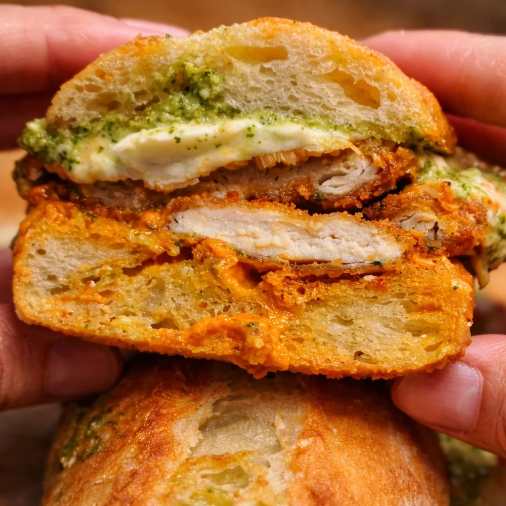 Chicken parmesan sandwich with crispy chicken, marinara sauce, and melted cheese on garlic bread.