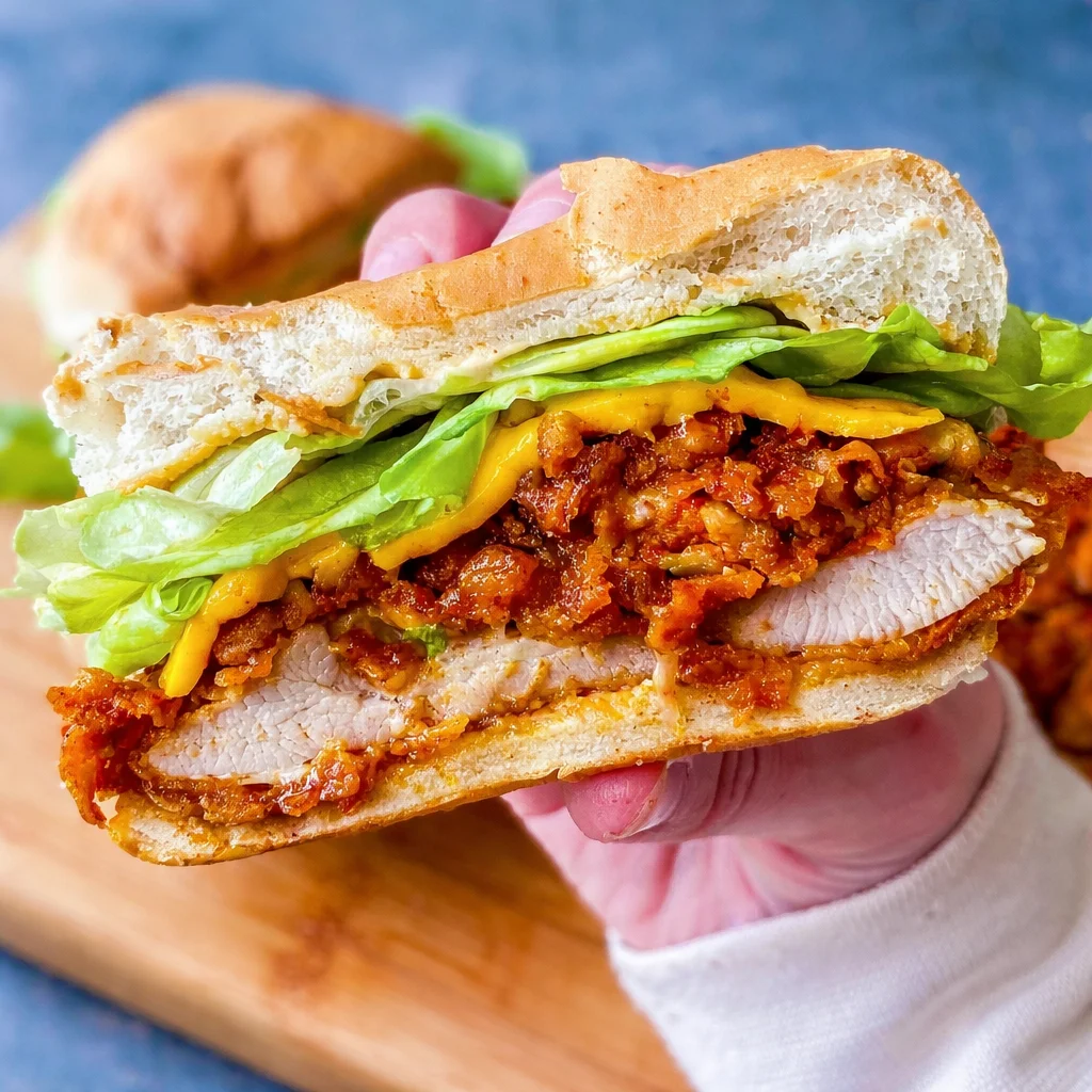 Crispy Fried Chicken Sandwich on a brioche bun with pickles and sauce