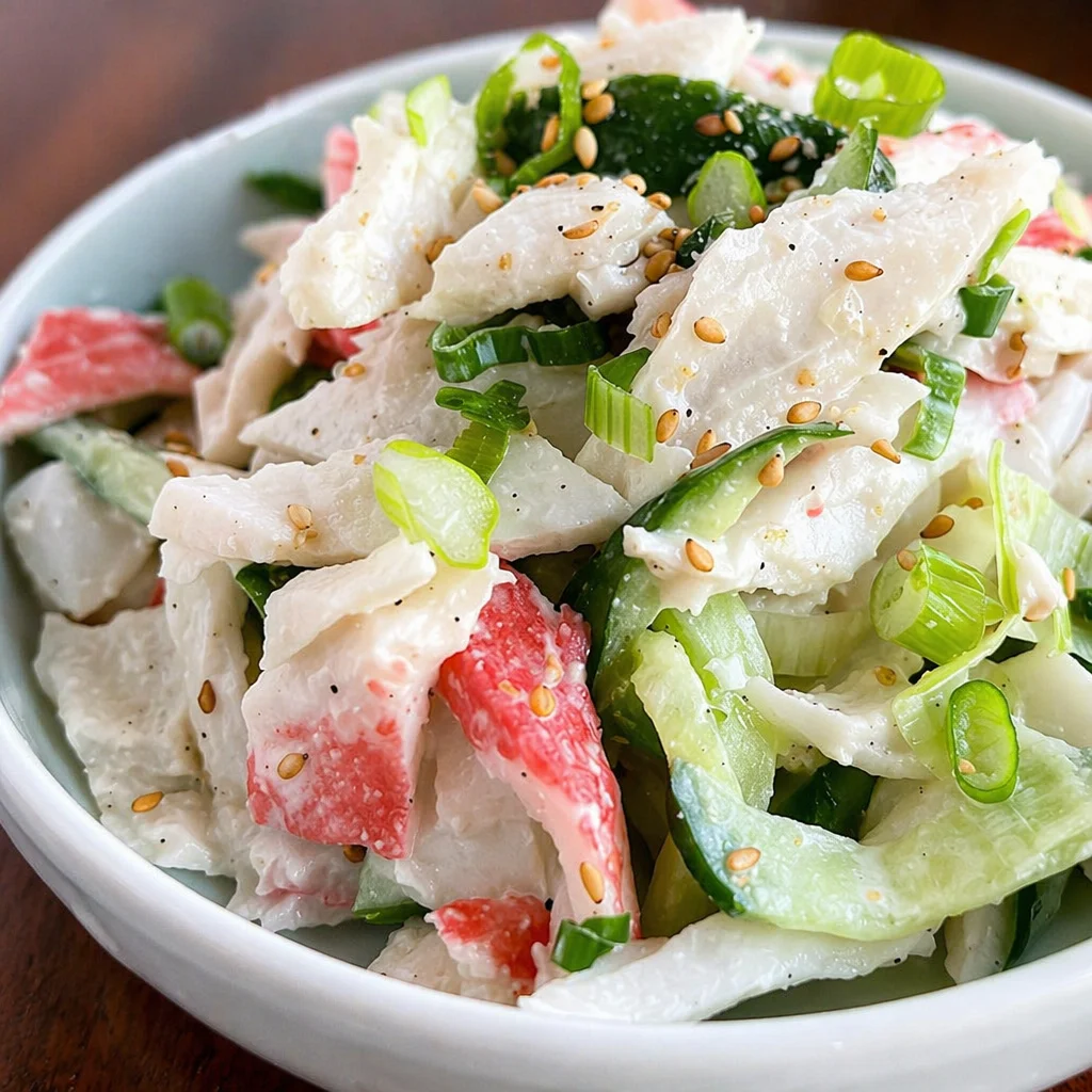 Delicious crab rangoon cucumber salad prepared with imitation crab sticks and fresh cucumbers.