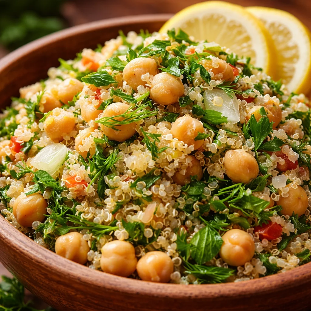 Plated Lemon Herb Quinoa with Chickpeas surrounded by fresh vegetables and herbs