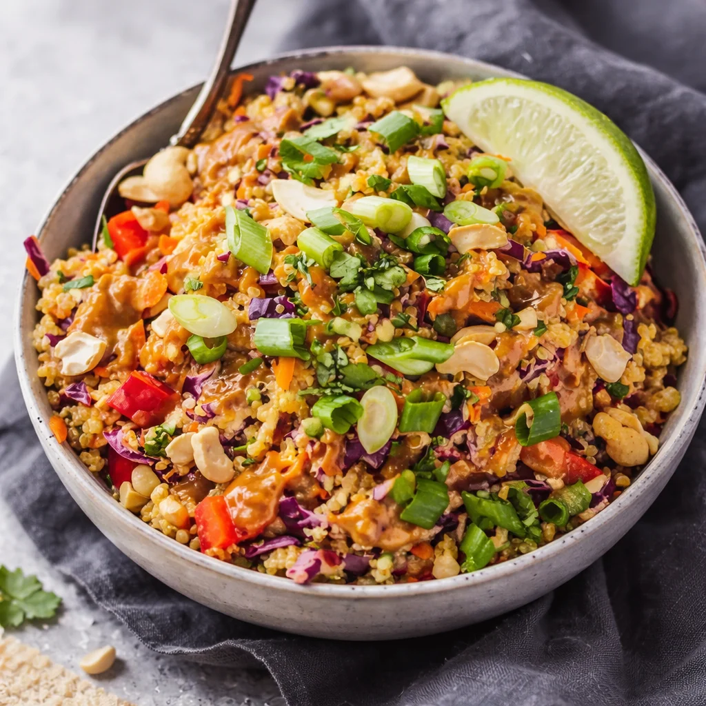 Vegan Thai-Inspired Quinoa Salad with crunchy vegetables and peanut sauce.