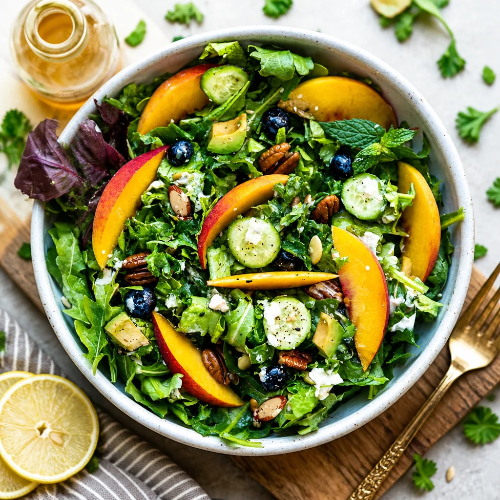 Colorful summer salad with fresh vegetables and fruits for a healthy meal.