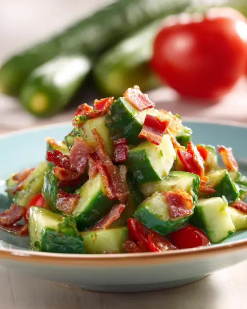 Healthy Cucumber Salad with Bacon featuring fresh ingredients and creamy dressing.