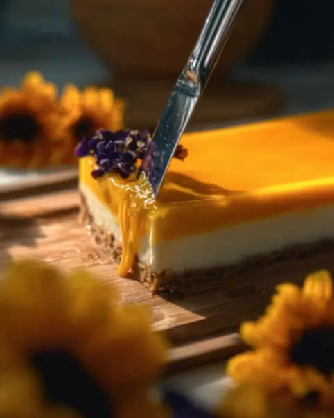 Delicious Mango Cheesecake Delight served on a plate with fresh mango slices.