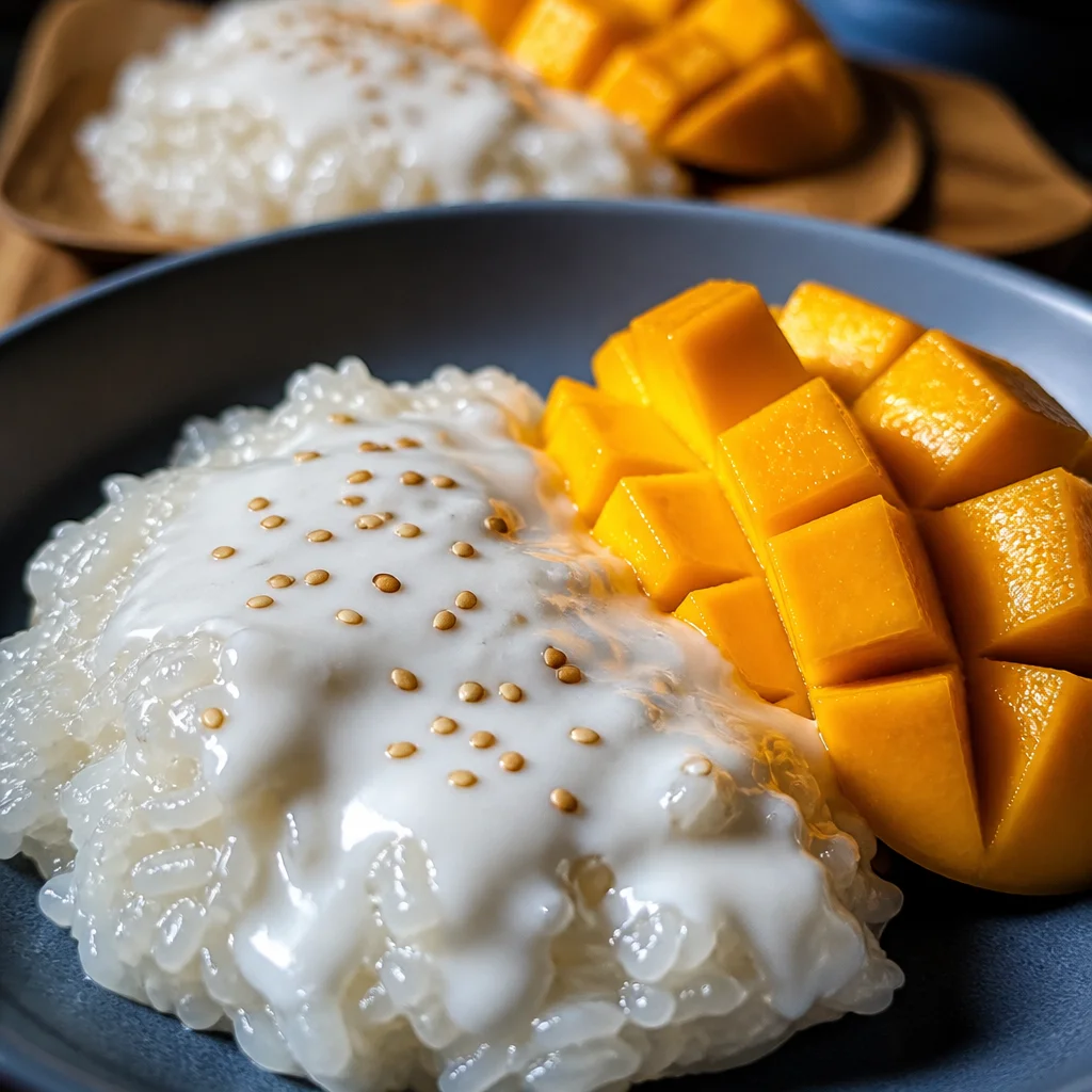 Delicious Easy Thai Mango Sticky Rice prepared in a rice cooker with coconut sauce and fresh mangoes.