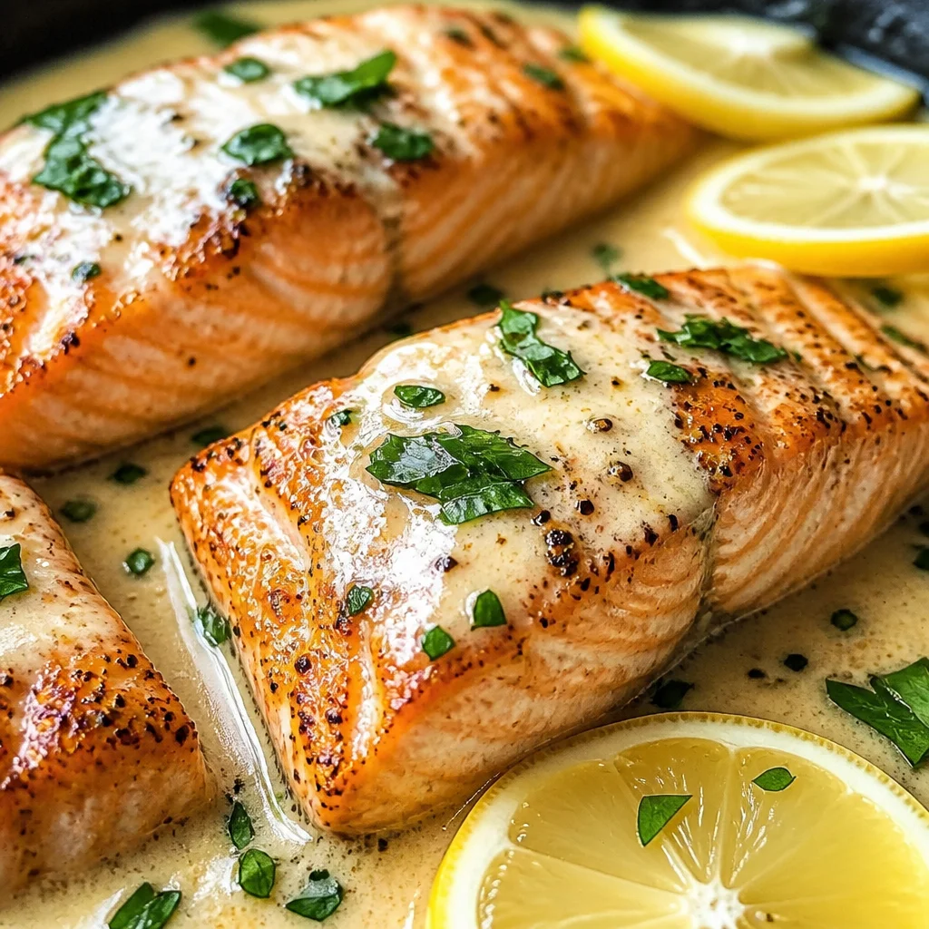 Baked Salmon with Lemon Butter Cream Sauce topped with creamy lemon sauce in a skillet.