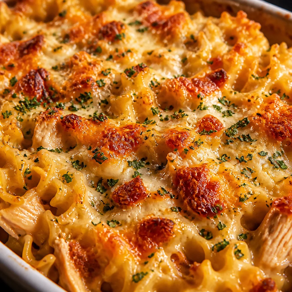 Delicious BBQ Ranch Chicken Casserole with cheese, pasta, and veggies.