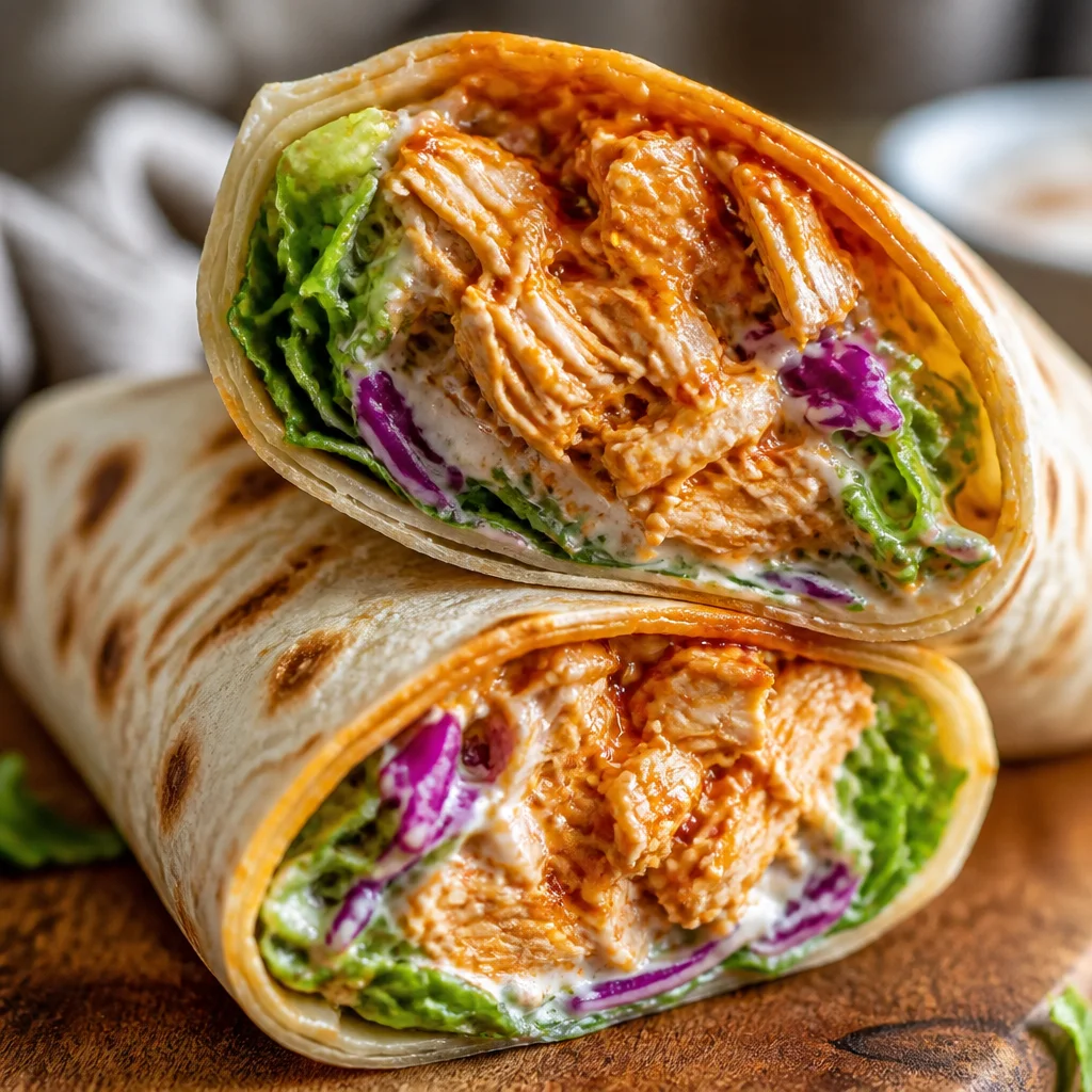 Delicious Spicy Buffalo Chicken Wraps for Two with creamy ranch dressing and veggies.