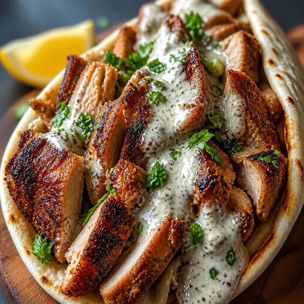 Plate of Chicken Shawarma with Garlic Sauce served with pita and fresh vegetables.