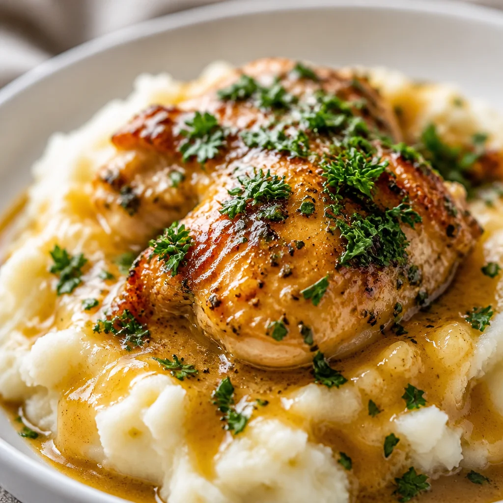 Delicious Slow Cooker Honey Mustard Chicken served with rice and garnish.