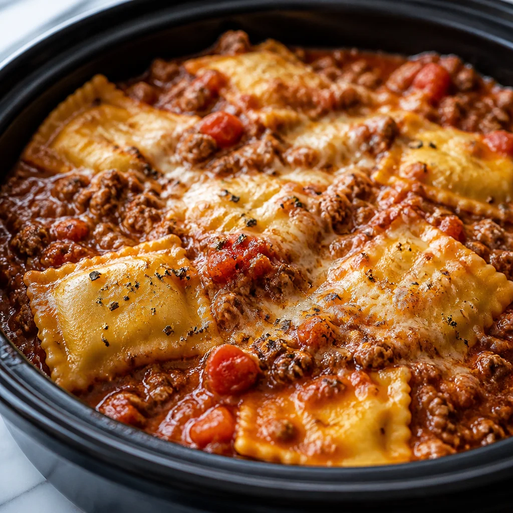 Delicious Best Crockpot Ravioli Lasagna with layers of cheese and sauce.