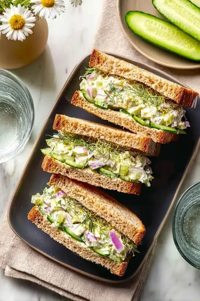 Delicious Easy Cucumber Salad Sandwiches with cream cheese on crustless bread.