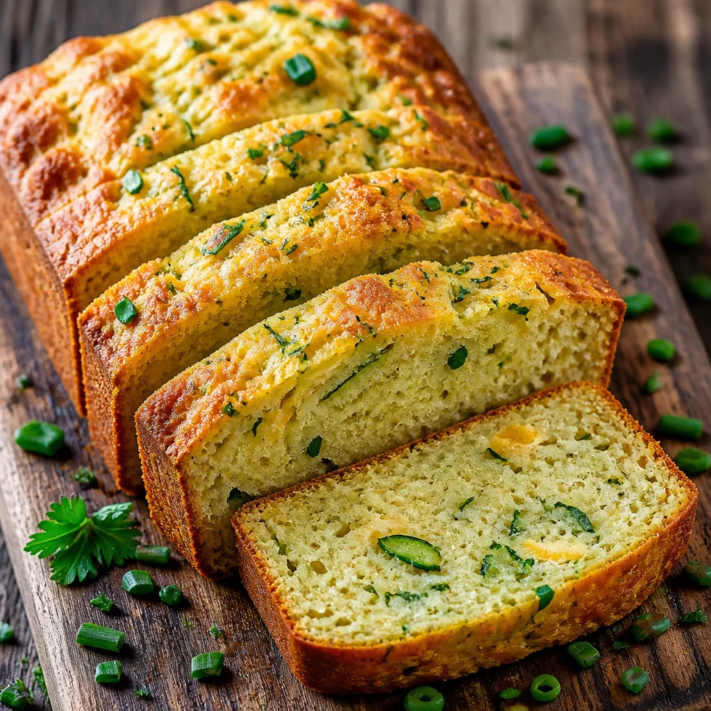 Freshly baked Garden Zucchini Cheddar Quick Bread with chunks of cheddar cheese.