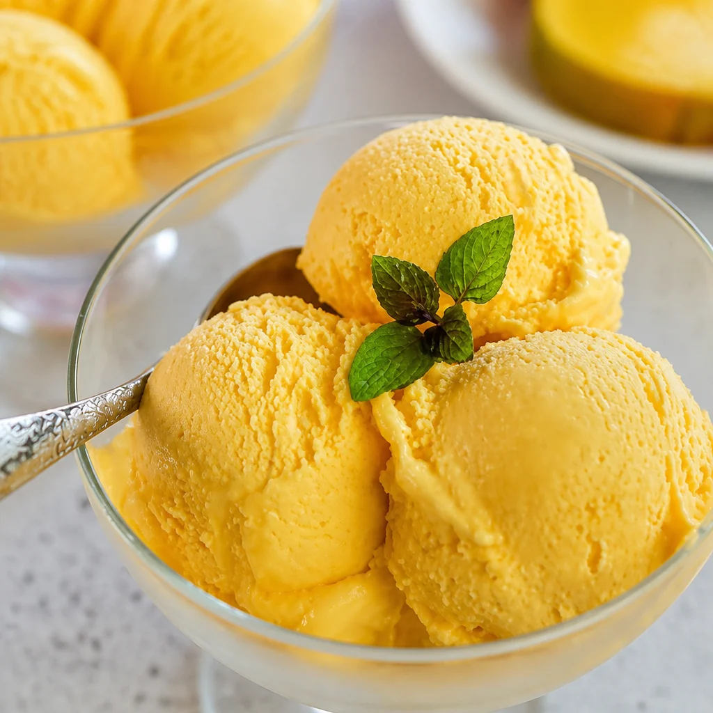 Delicious homemade mango ice cream featuring fresh mango chunks in creamy texture.